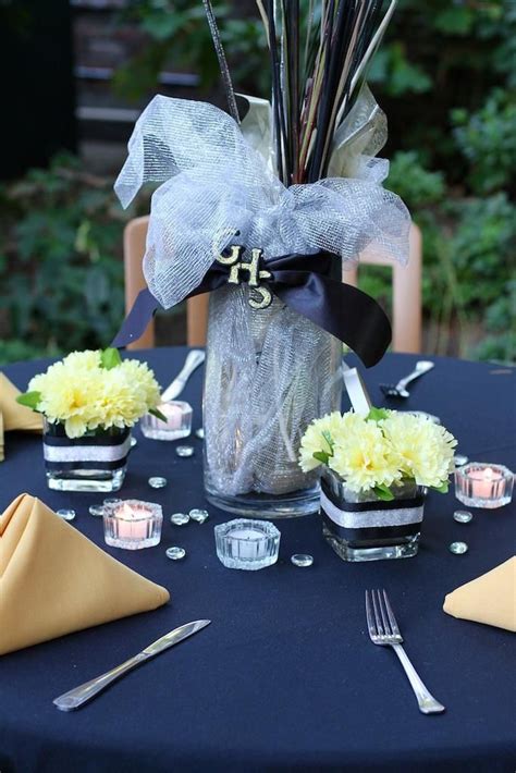 Class Reunion Centerpieces With Silk Flowers And Ribbon In School