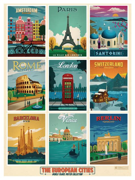 Image Of European Multi Cities Poster Retro Travel Poster Vintage