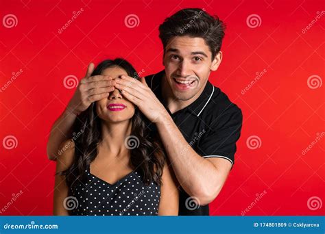 Caucasian Man Closes Eyes Of His Beloved Girlfriend Before Surprise Her Stock Image Image Of