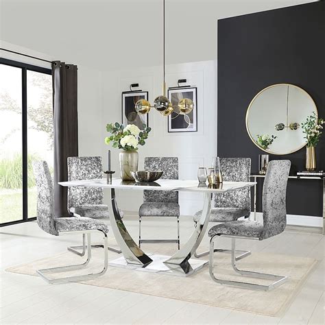 Peake Dining Table And 4 Perth Chairs White Marble Effect And Chrome
