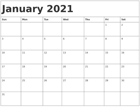 January 2021 Calendar Template
