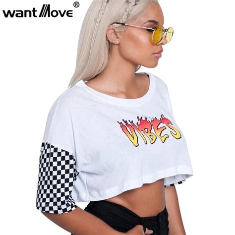 wantmove sexy white and checkered patchwork t shirt print vibes 2018 summer short shirts women