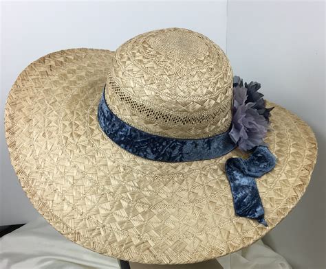 Summer Straw Hat Wide Brim Blue Trim Vintage Velvet Ribbon