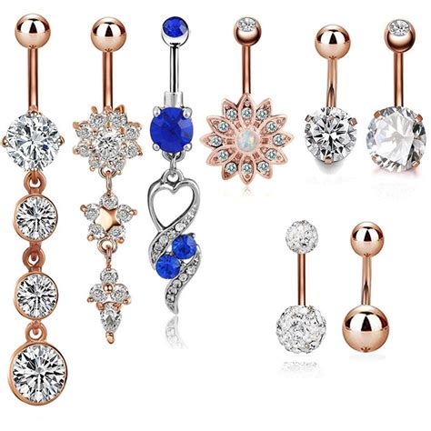 Pinksee 8pcs Stainless Steel Crystal Navel Button Piercing Belly Bars