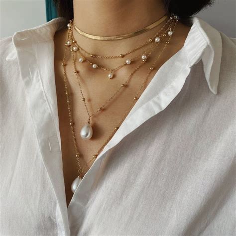 Multi Layer Gold Tone Pearl Necklace Dainty Boho Layered Etsy Layered