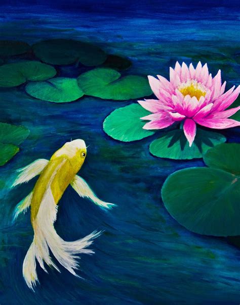 Koi Fish With Pink Water Lily Painting Wall Mural 6000 In 2020
