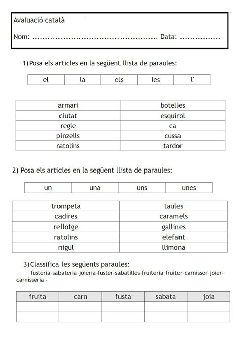 Avaluació Català Plurals Articles Síl·labes Dictat Tercer Ortografia