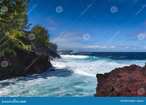Waves And Volcanic Rocks In The South Coast Of Reunion Island Stock