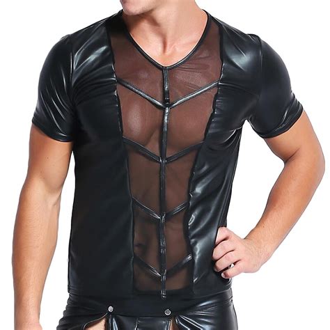 Latex Men Faux Leather T Shirts Male Fashion Sexy Mesh Night Club