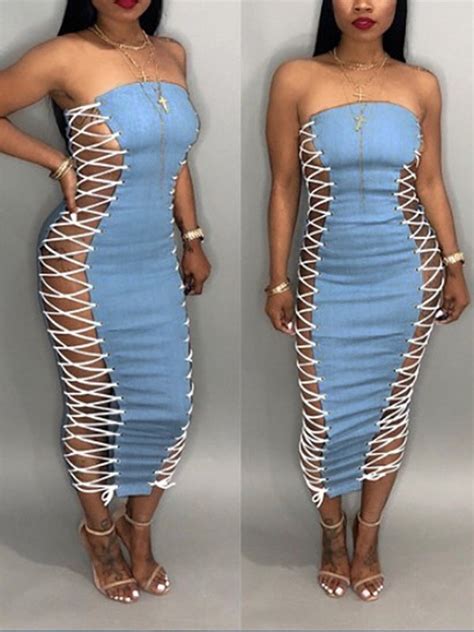 Or if something a little more elevated is your vibe, a sleek bardot dress is exactly what you need. Blue Off Shoulder Lace-Up Drawstring Bodycon Clubwear ...