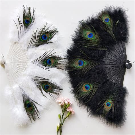 2012 White And Black Peacock Feather Hand Fans Bride Etsy
