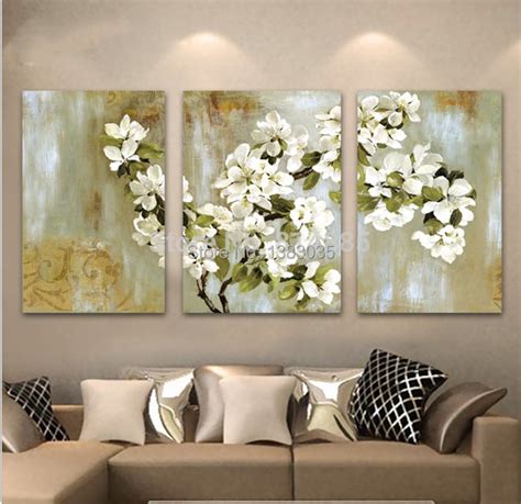 Hand Painted Abstract White Floral Picture Wall Flower Oil Painting 3 Panel Canvas Wall Art