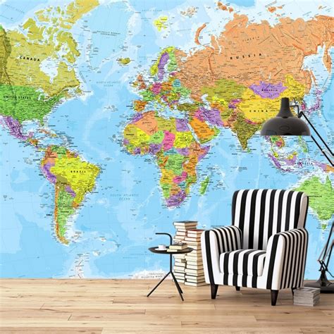 World Map Wall Mural Blue Etsy