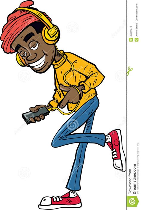 Cartoon Teen With Earphones Listening To Music Stock