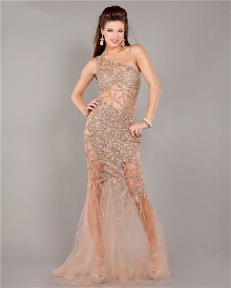 Unique Sexy One Shoulder See Through Champagne Tulle Beaded Prom Dress