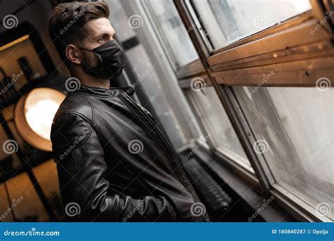 Handsome Young Manin Black Mask Fashionable Man In Leather Jacket