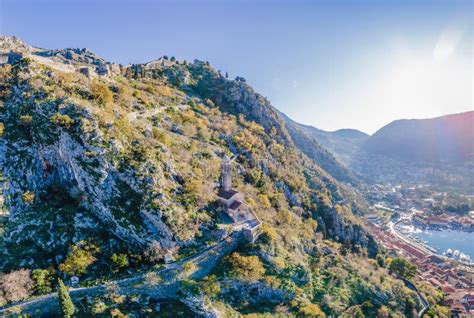 Kotor Old Town Ladder Of Kotor Fortress Hiking Trail Aerial Drone View