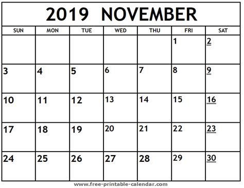 Free Printable November Calendar Templates
