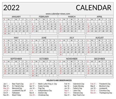 2022 Calendar With Holidays Printable 9 Templates