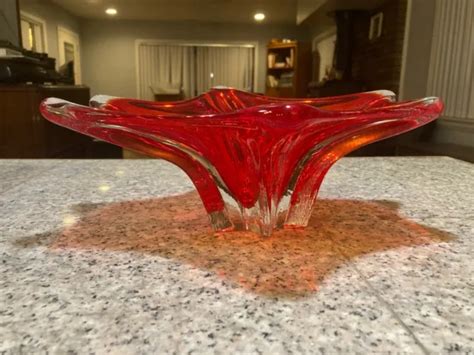 vintage mcm hand blown murano style art glass bowl red orange and clear glass 34 95 picclick