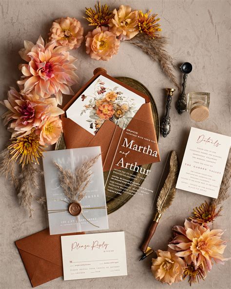 Fall Terracotta Acrylic Wedding Invitation Set Real Pampas Grass