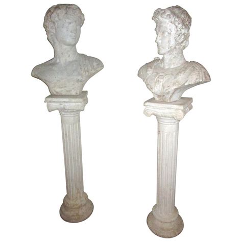 Pair Of Greek God Garden Statue Busts On Ionic Column Pedestals For