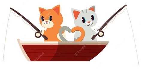 Premium Vector The Cute Cats Fishing On The Red Both