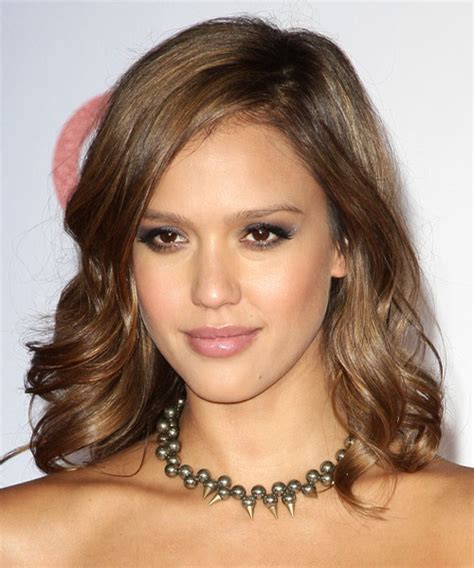 This medium length haircut lies on the shoulders with little layering. Jessica Alba Medium Wavy Formal Hairstyle - Caramel ...