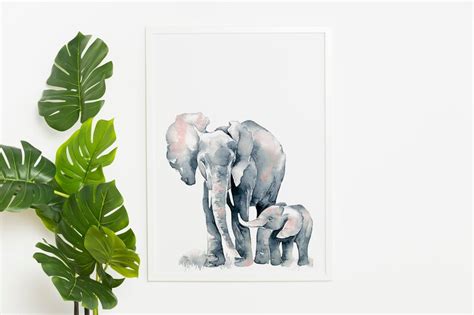 Acuarela Mamá Y Bebé Elefante Impresión Vivero Decoración Etsy