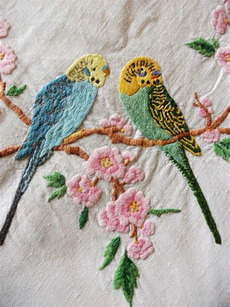 Vintage Embroidered Budgies Embroidery Patterns Vintage Hand Embroidery Embroidery Patterns