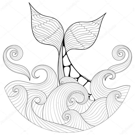 Whale Tail In Waves Zentangle Style Freehand Sketch For Adult Stock