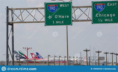 Interstate 190 Road Signs Near Chicago O`hare Airport Editorial Stock