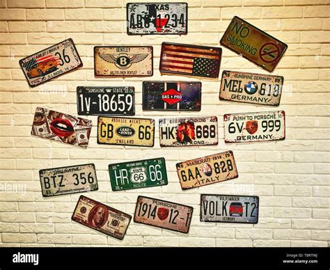 American Antique License Plate Decorative Background Wall Stock Photo