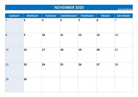 November 2020 Calendar Calendarbest