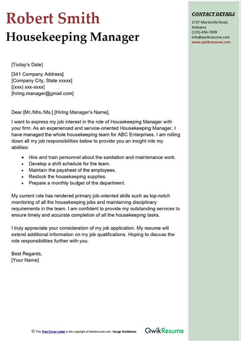 Housekeeping Manager Cover Letter Examples QwikResume