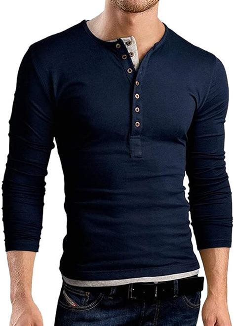Henley Long Sleeve Shirts For Men Slim Fit T Shirt For Winter Fall Spring Plain Solid Color Navy