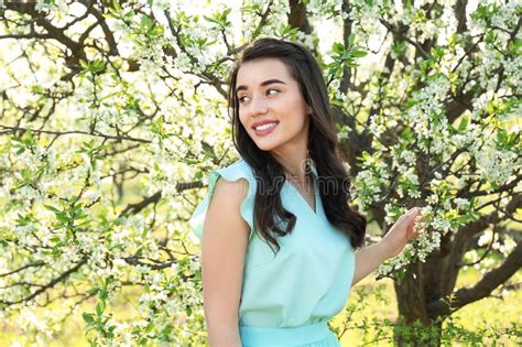 Beautiful Young Woman Near Blossoming Tree On Sunny Spring Day Stock Image Image Of Fresh