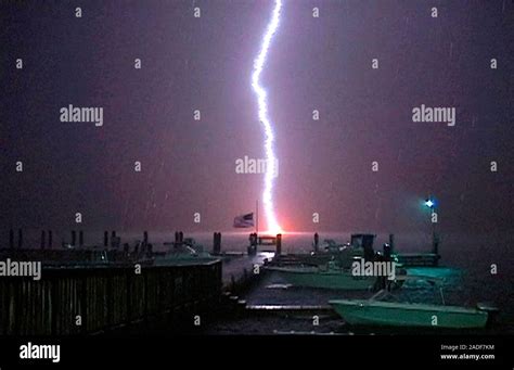 Lightning Bolt Of Cloud To Ground Lightning Hitting A Channel Marker