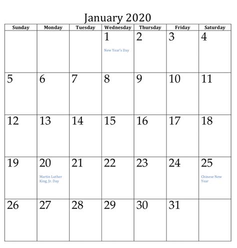 2020 Monthly Calendar Printable Free