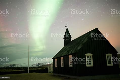 Iceland Black Church Under The Northern Lights Stock Photo Download