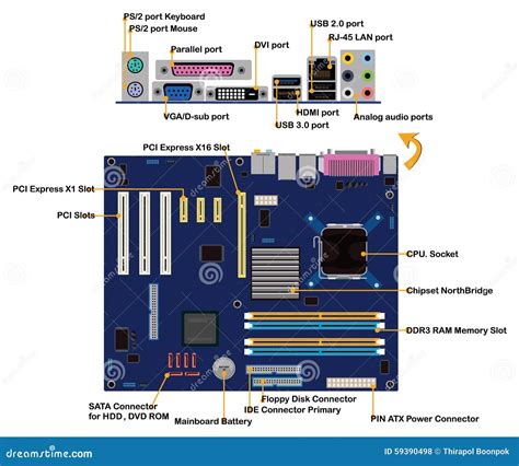 Computer Motherboard Parts Connector Ports Info Stock Vector