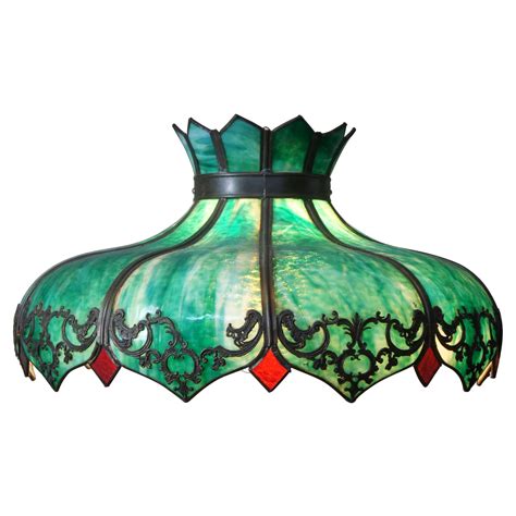 Antique Victorian Green Slag Glass Swag Light Chandelier Lamp Shade At