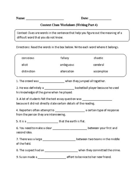 6th Grade Context Clues Worksheets
