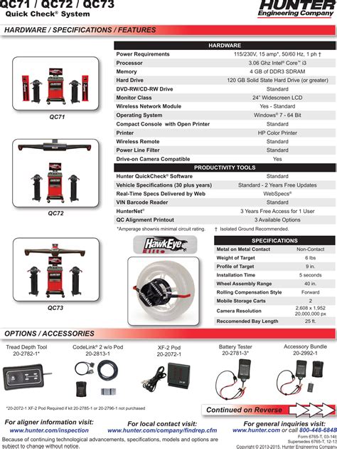 Hunter Engineering Quick Check System Specification Sheet Qc Qc
