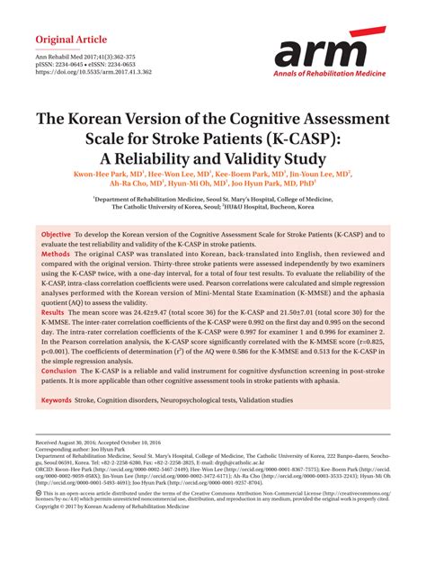 Pdf The Korean Version Of The Cognitive Assessment Scale For Stroke