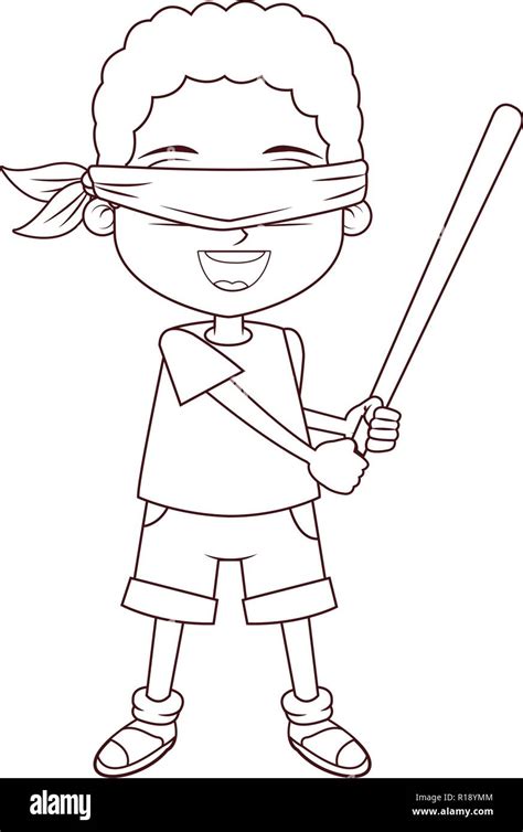 Boy Blindfolded With Bat Cartoon Black And White Lines Vector