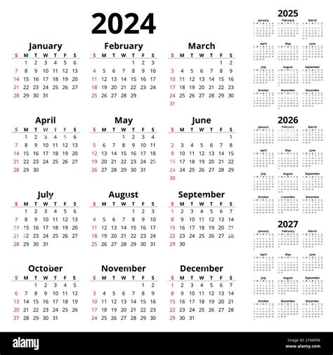 Vector 2024 2025 2026 2027 Vertical English Calendars Simple