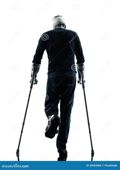 Injured Man Walking Rear View With Crutches Silhouette Royalty Free