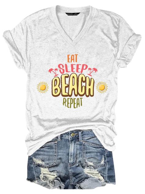 Eat Sleep Beach Repeat Graphic V Neck Tee Lilicloth