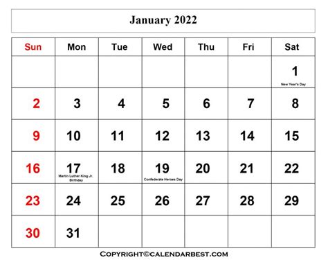 January 2022 Calendar With Holidays Printable January 2022 Printable